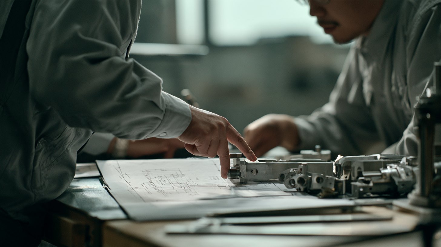 Engineers checking a machined part against the shop drawing