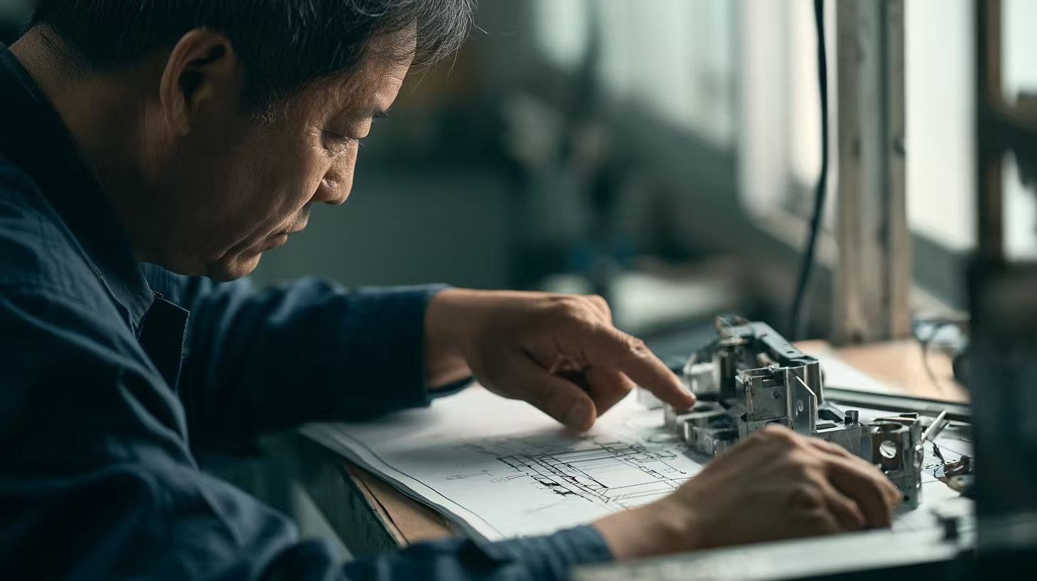 Engineer reviewing a drawing beside a fabricated part