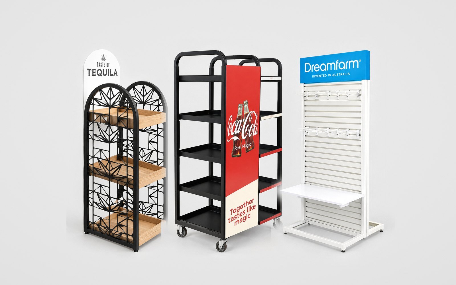 Three standard floor stands: laser-cut, cart and slatwall