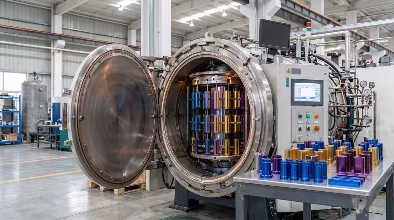 Open PVD vacuum chamber loaded with gold, blue and violet parts