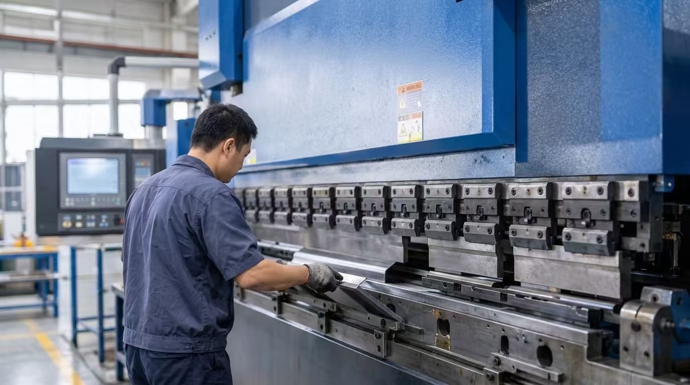 Operator folding a steel part on a CNC press brake
