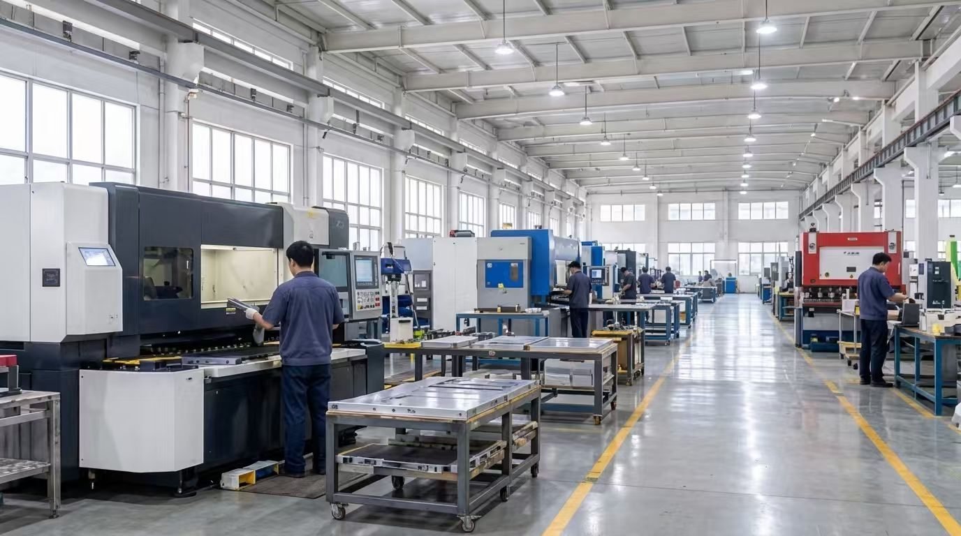 Production floor with press brakes, laser cutters and workbenches