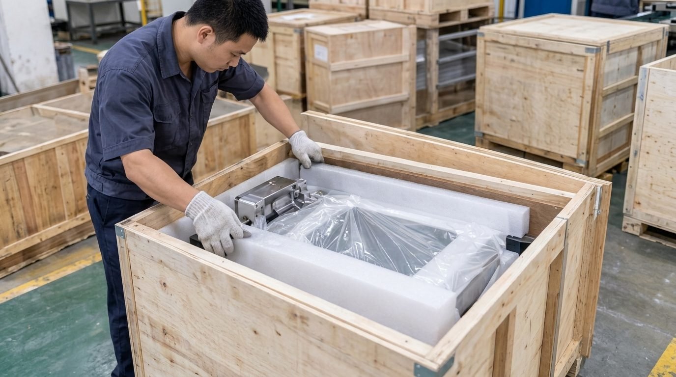 Finished part being packed into a foam-lined wooden crate