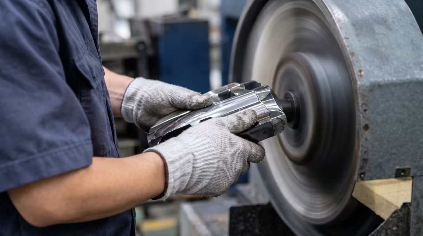 Gloved hands polishing a stainless part on a buffing wheel