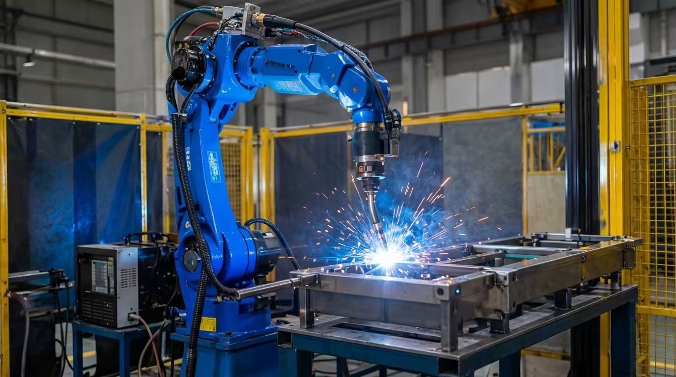 Robotic welding arm joining a steel frame