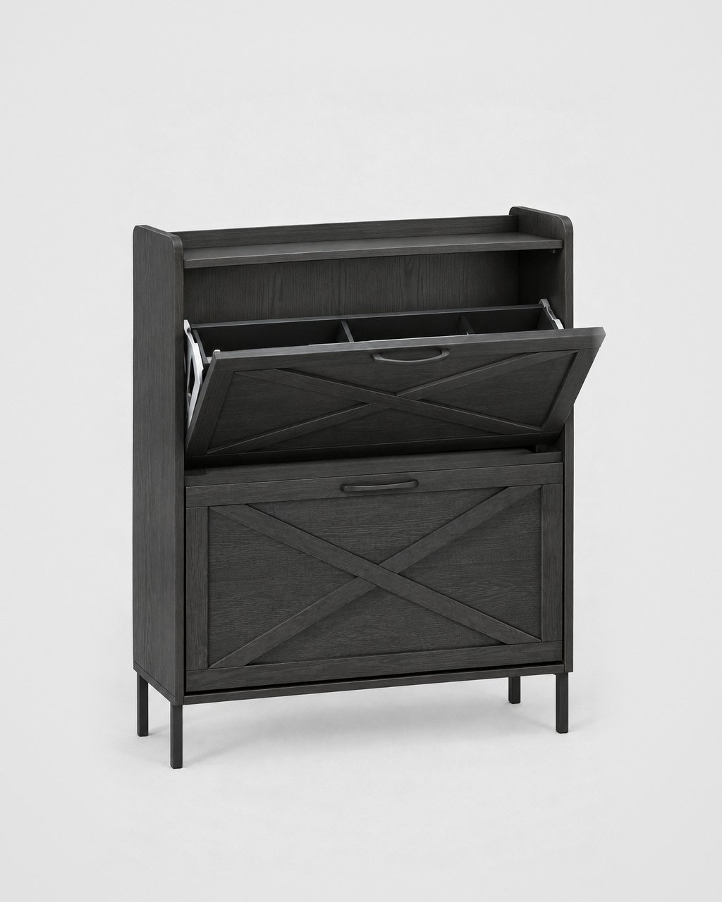 Barn-door flip shoe cabinet
